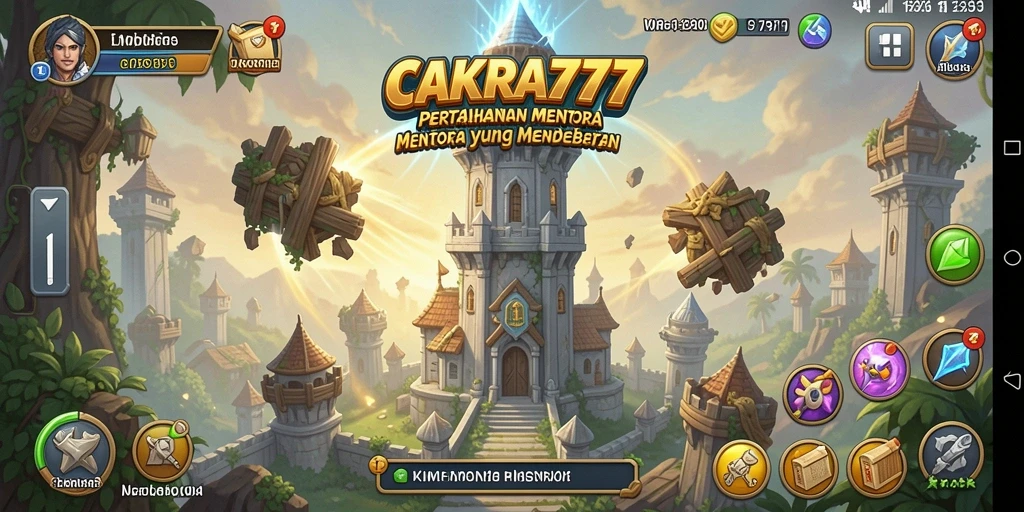Tampilan gameplay menegangkan dari CAKRA777, memperlihatkan menara dan gelombang musuh.