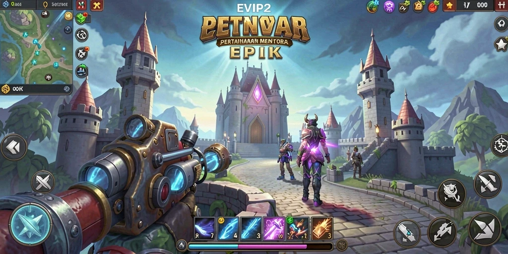 Screenshot gameplay EVIP2 menampilkan pertahanan menara yang strategis.