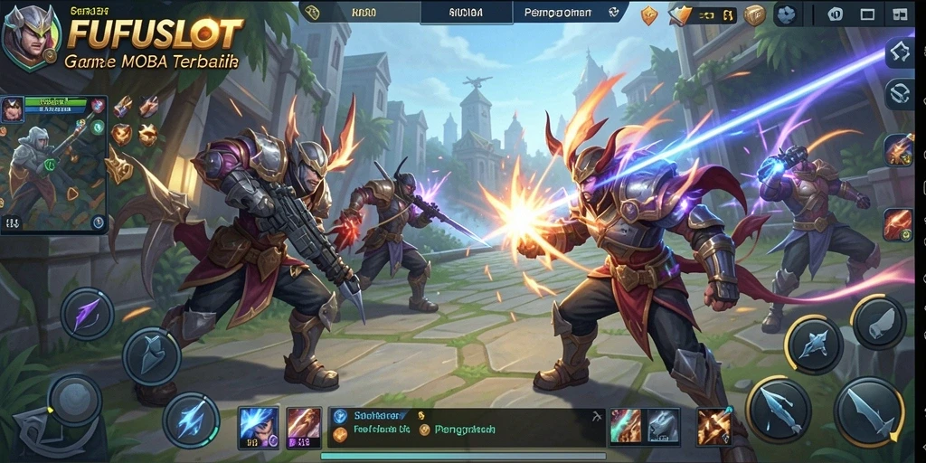 Tangkapan layar utama FUFUSLOT menampilkan aksi pertempuran seru dalam permainan MOBA.