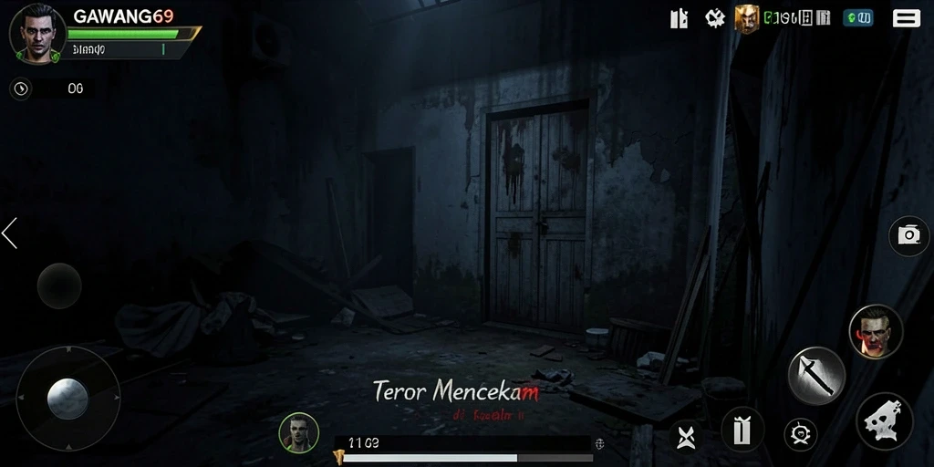 Screenshot utama GAWANG69 menunjukkan suasana gameplay yang menegangkan dan Horror.