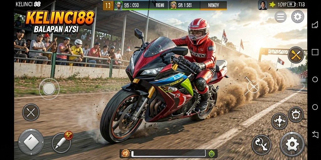 Screenshot gameplay KELINCI88 menampilkan aksi balapan motor yang mendebarkan.