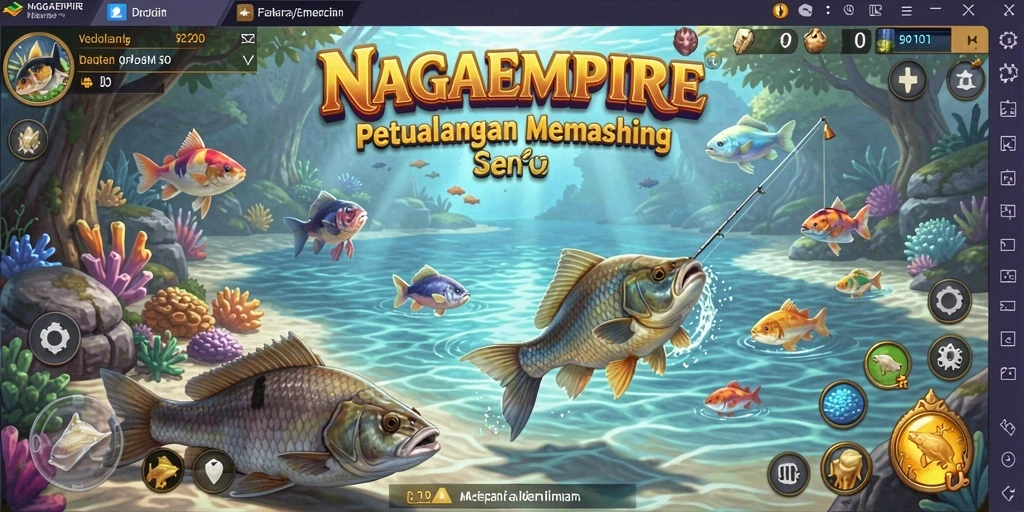 Tampilan gameplay NAGAEMPIRE yang menampilkan momen memancing seru dan menantang.