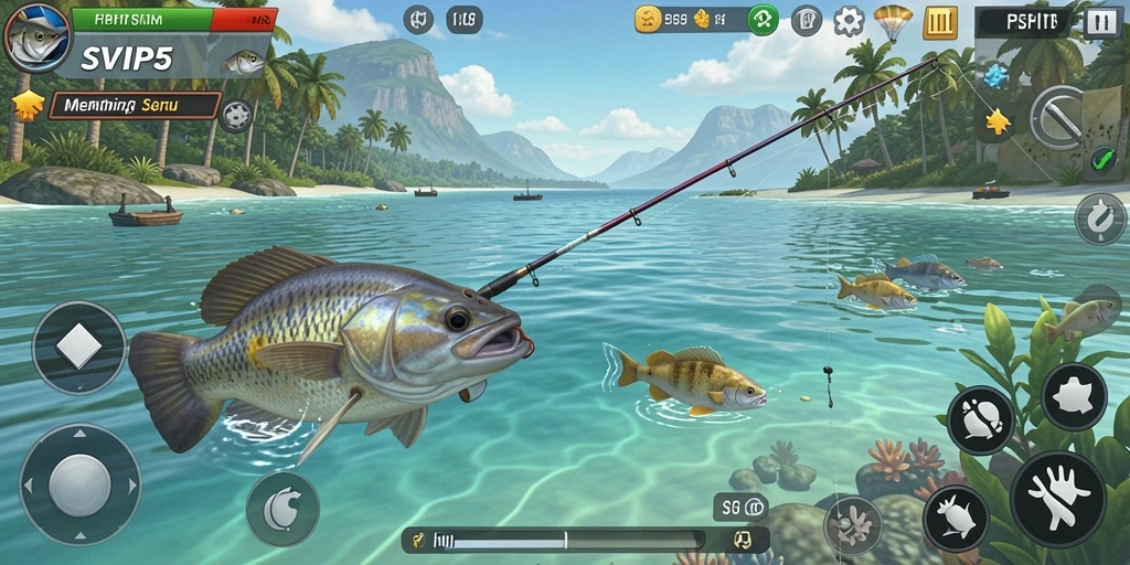 Screenshot gameplay SVIP5 yang menampilkan aktivitas memancing yang seru.